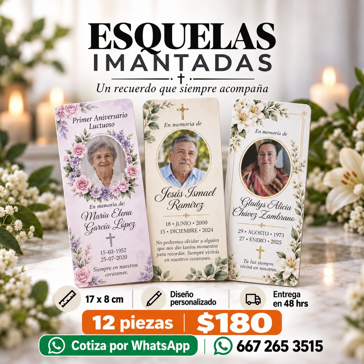 Esquelas imantadas de 17 × 8 cm, 12 piezas por $180, entrega 48 horas