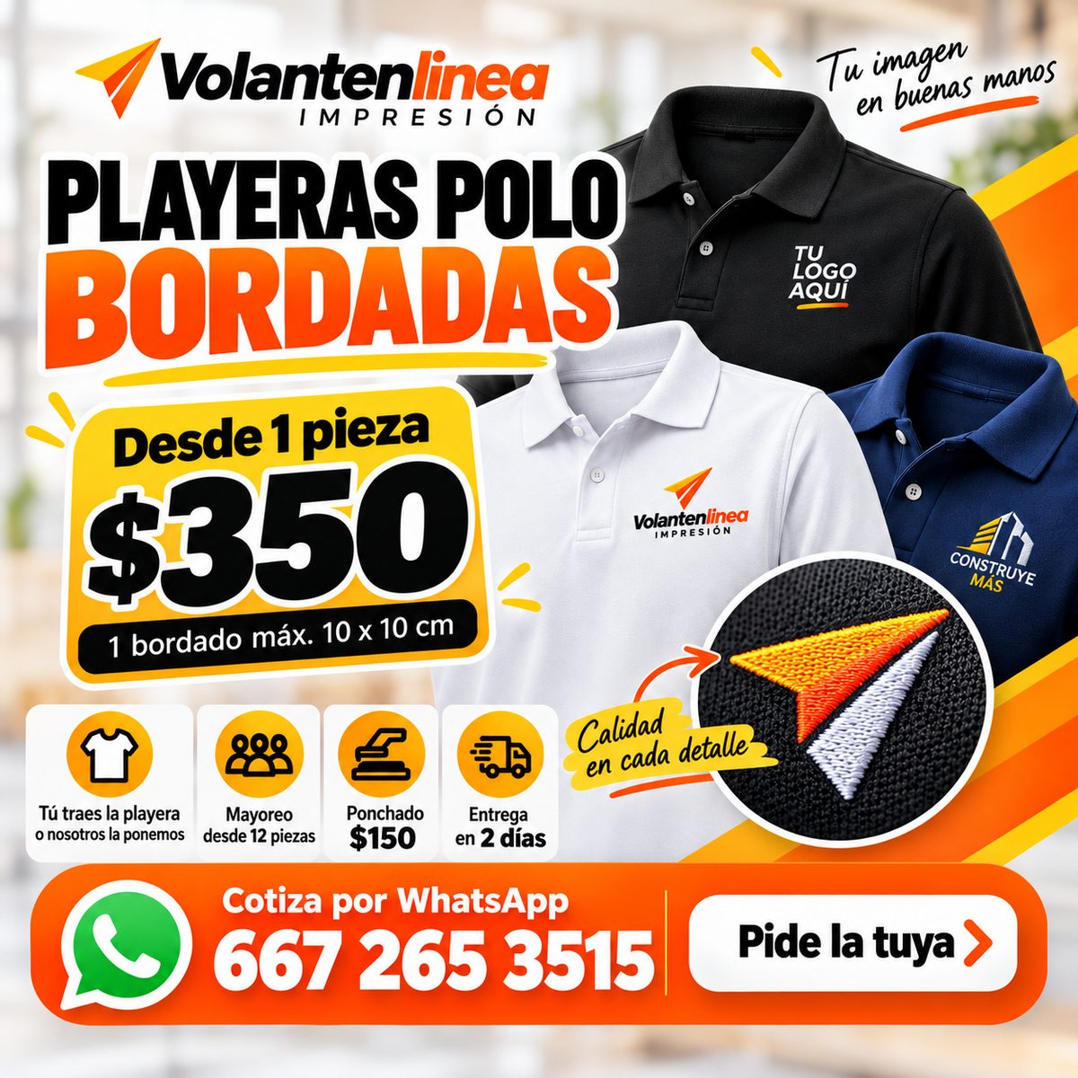 Playeras polo bordadas desde 1 pieza a $350, ponchado $150, entrega en 2 días